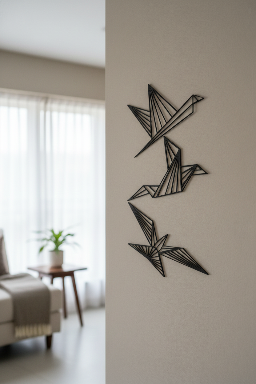 Origami birds MDF wall decor set with geometric bird designs mounted on a neutral wall in a modern home interior.