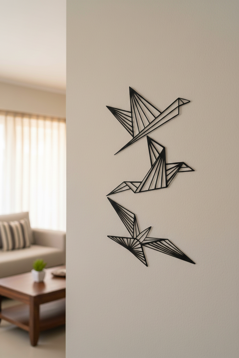 Origami birds MDF wall decor set with geometric bird designs mounted on a neutral wall in a modern home interior.