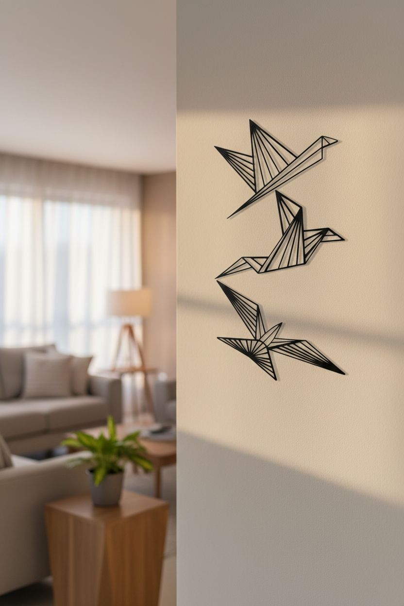 Origami birds MDF wall decor set with geometric bird designs mounted on a neutral wall in a modern home interior.