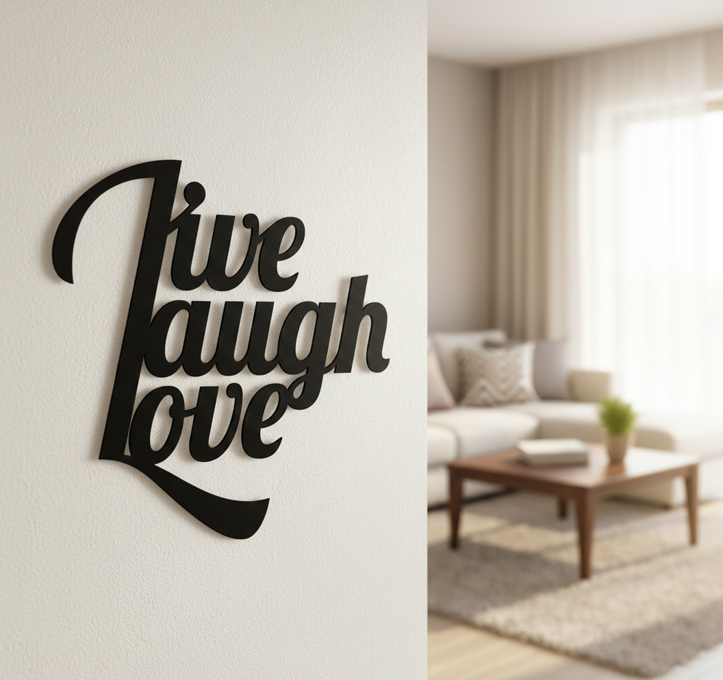 Live Laugh Love MDF wall decor with stylish typography mounted on a light wall in a modern living room interior.