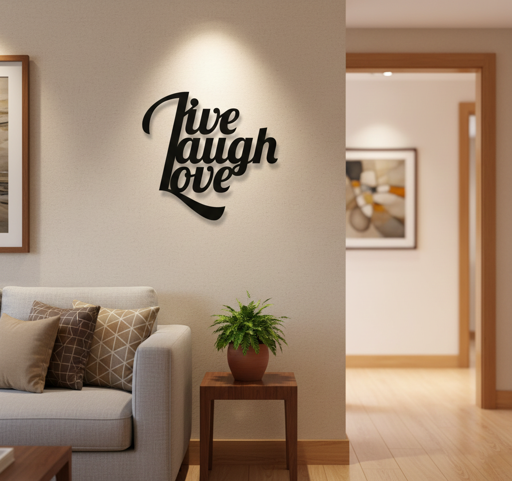 Live Laugh Love MDF wall decor with stylish typography mounted on a light wall in a modern living room interior.