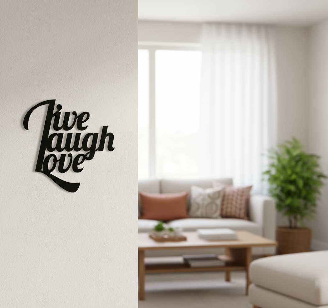 Live Laugh Love MDF wall decor with stylish typography mounted on a light wall in a modern living room interior.