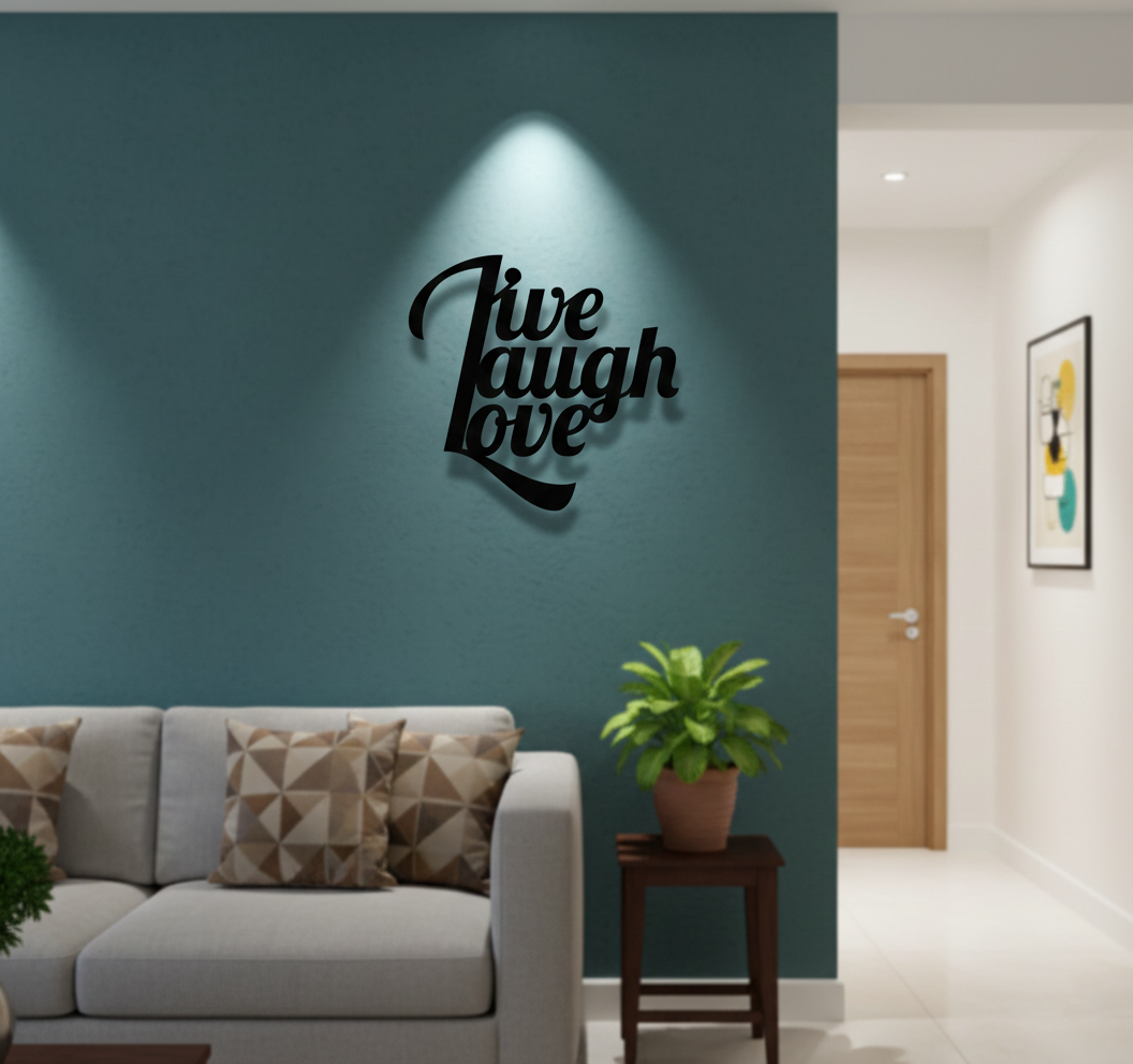 Live Laugh Love MDF wall decor with stylish typography mounted on a light wall in a modern living room interior.