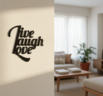 Live Laugh Love MDF wall decor with stylish typography mounted on a light wall in a modern living room interior.