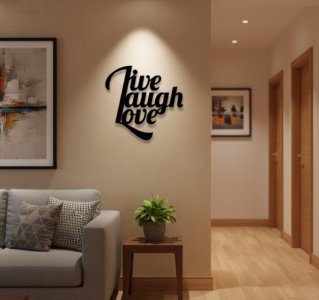 Live Laugh Love MDF wall decor with stylish typography mounted on a light wall in a modern living room interior.