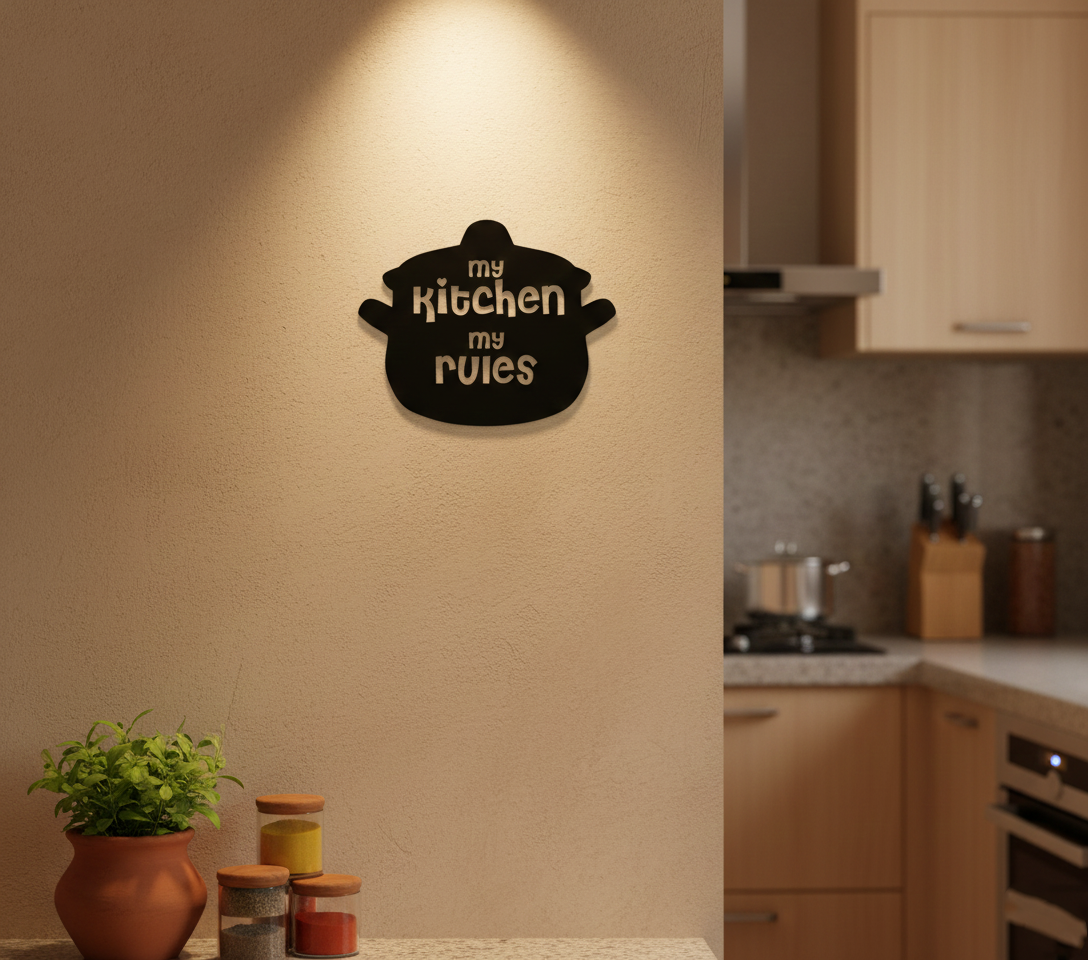 My Kitchen My Rules MDF wall decor with playful typography mounted on a light wall in a modern kitchen interior.