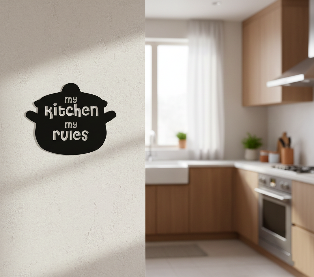 My Kitchen My Rules MDF wall decor with playful typography mounted on a light wall in a modern kitchen interior.