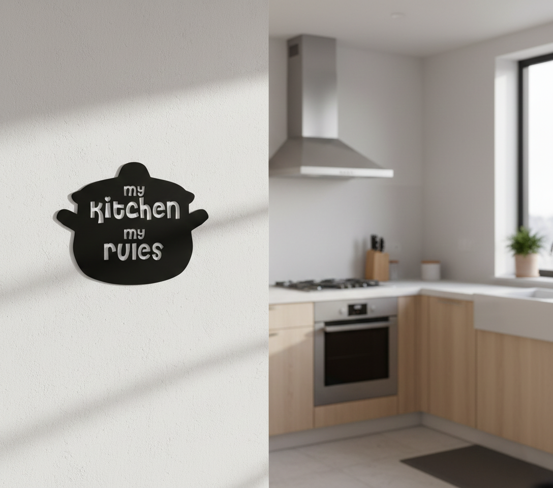 My Kitchen My Rules MDF wall decor with playful typography mounted on a light wall in a modern kitchen interior.