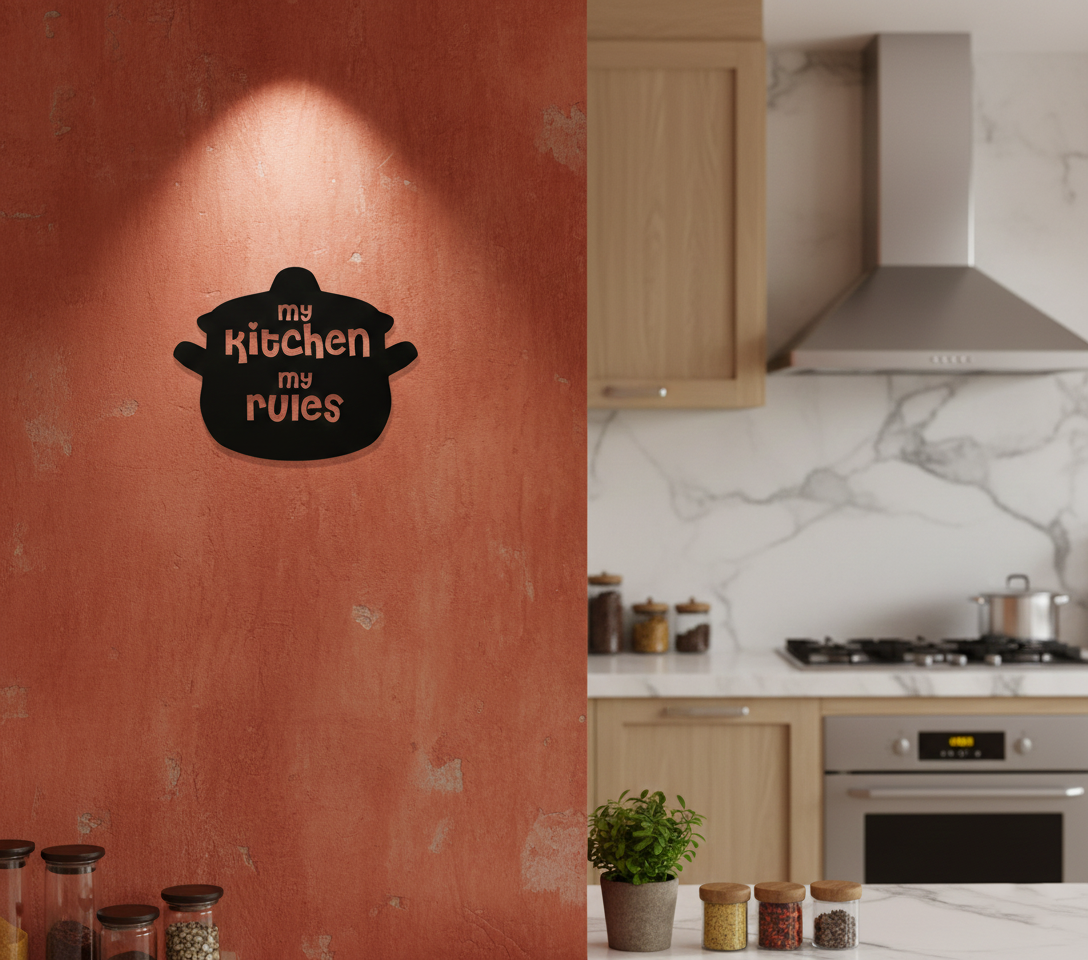 My Kitchen My Rules MDF wall decor with playful typography mounted on a light wall in a modern kitchen interior.