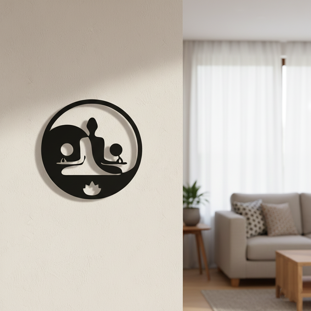 Yoga family MDF wall decor featuring a meditation silhouette design mounted on wall in a modern home interior.