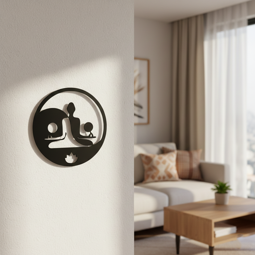 Yoga family MDF wall decor featuring a meditation silhouette design mounted on a light wall in a modern home interior.