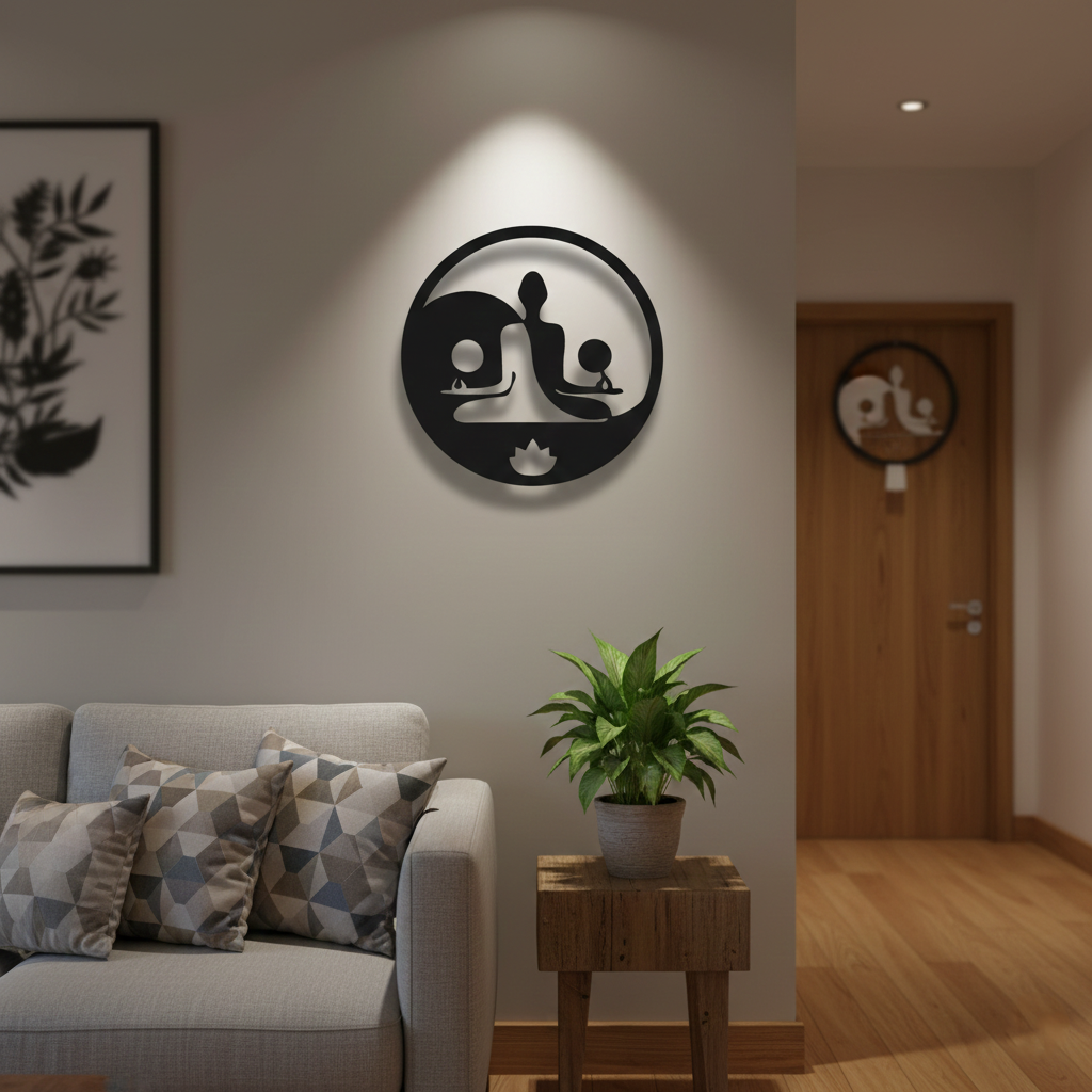 Yoga family MDF wall decor featuring a meditation silhouette design mounted on a light wall in a modern home interior.