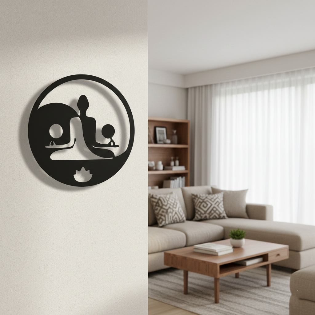 Yoga family MDF wall decor featuring a meditation silhouette design mounted on a light wall in a modern home interior.