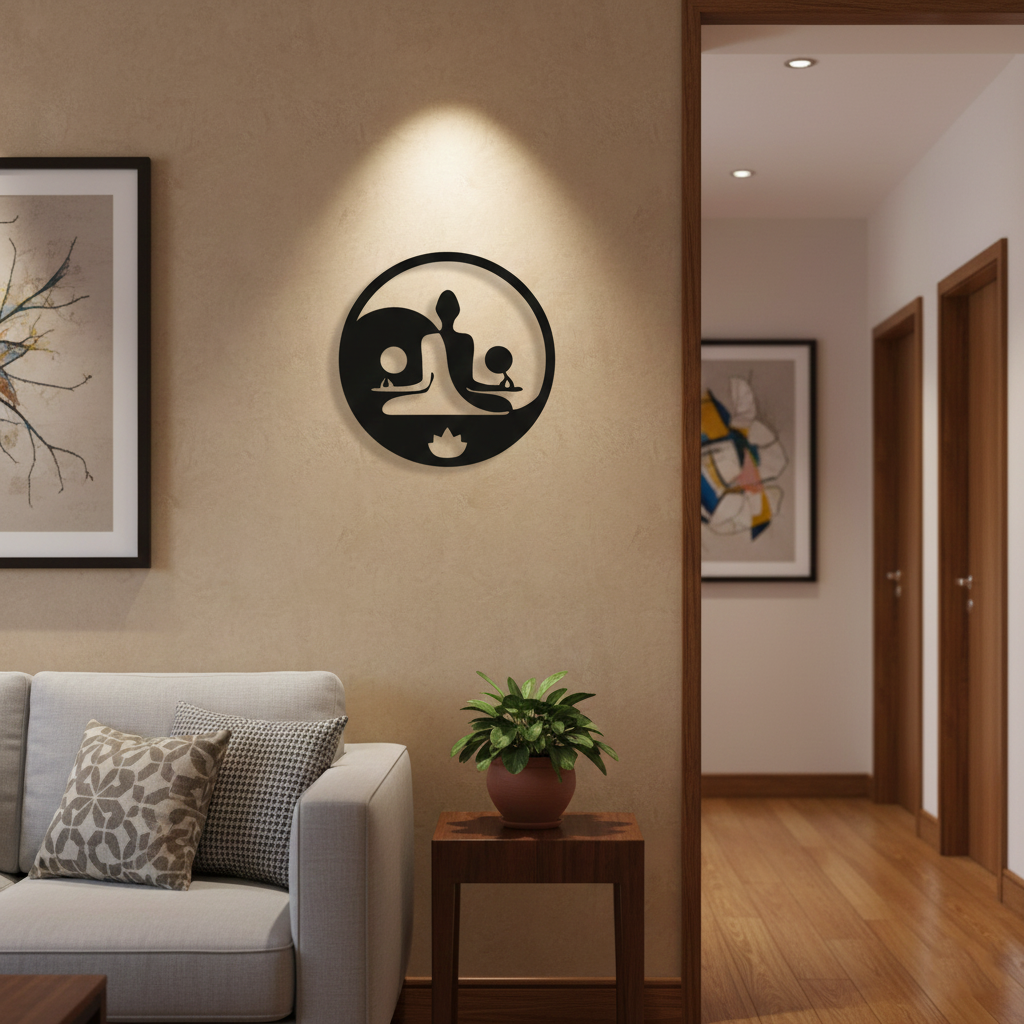 Yoga family MDF wall decor featuring a meditation silhouette design mounted on a light wall in a modern home interior.