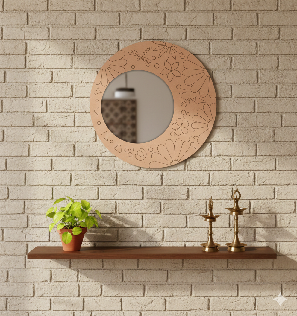 Decorative mirror with floral patterns on a brick wall with a shelf below.