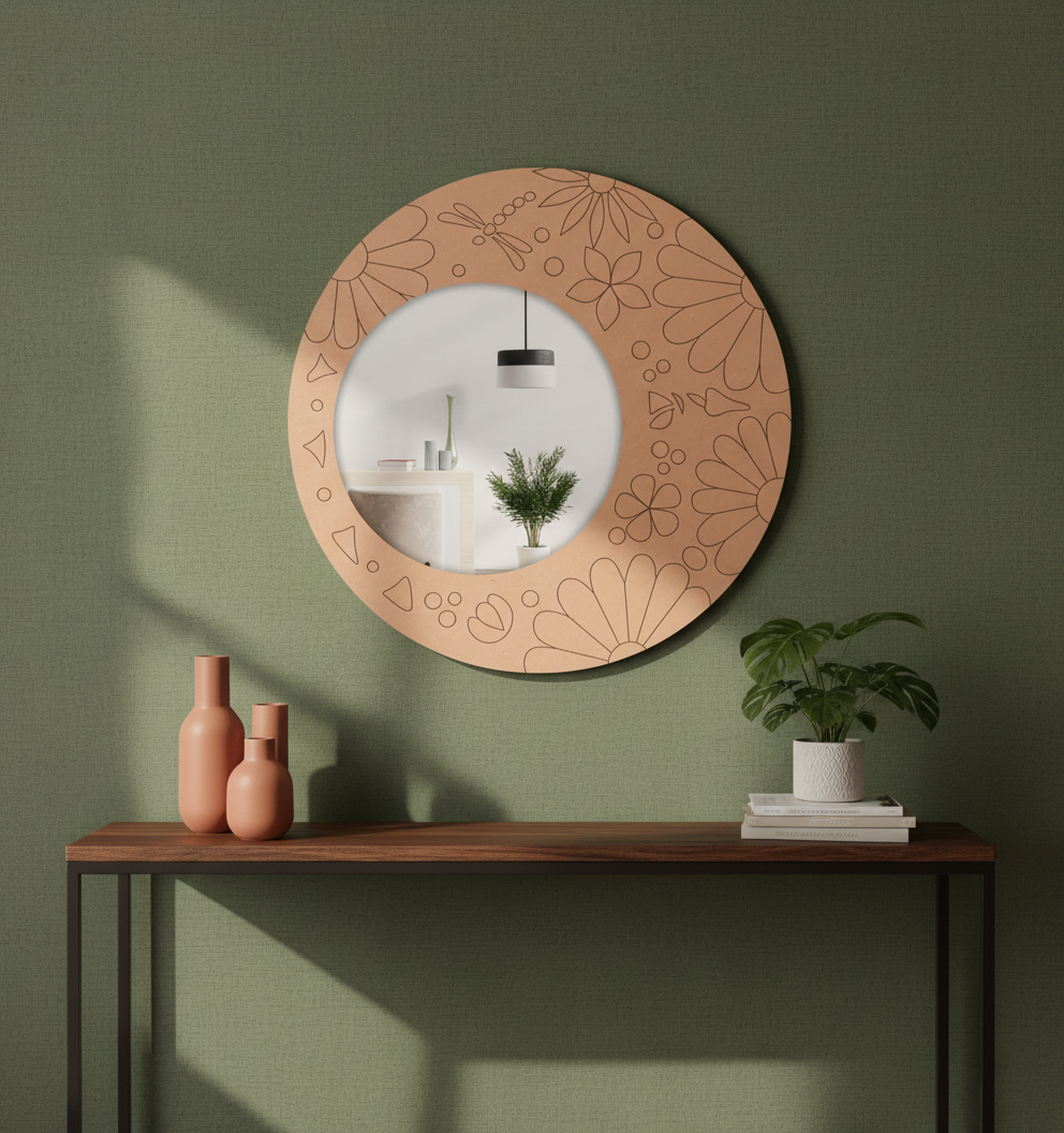 Round decorative mirror with floral patterns on a green wall above a wooden console table.