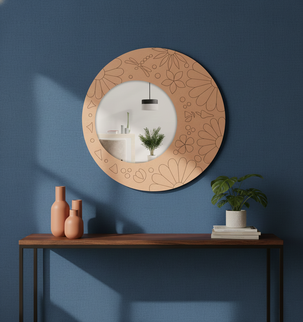 Decorative round mirror with floral patterns on a blue wall above a wooden console table.