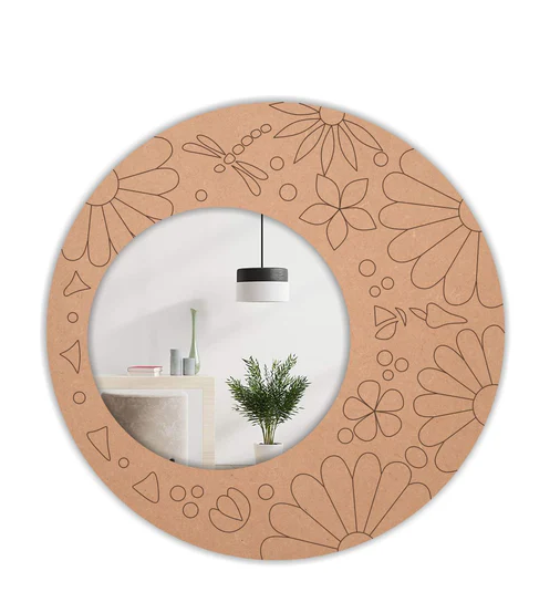 Round MDF mirror frame with floral engraved pattern for DIY painting and home decor wall mirror