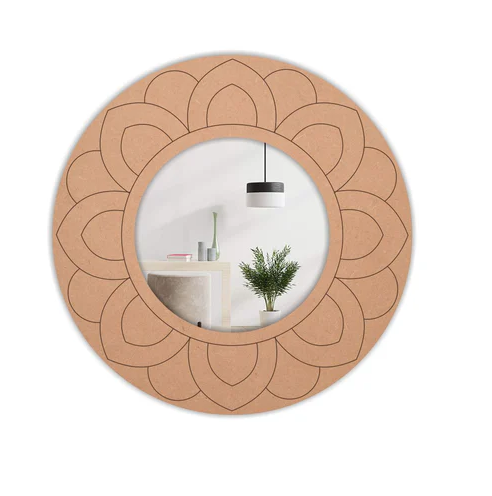 Round wall mirror with MDF lotus petal border design for home decor and vanity area