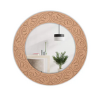 Round wall mirror with MDF engraved scroll border design for living room and home decor