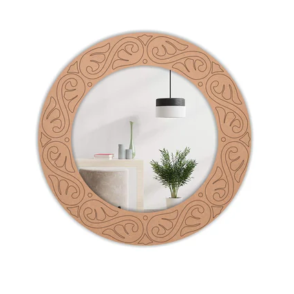 Round wall mirror with MDF engraved scroll border design for living room and home decor