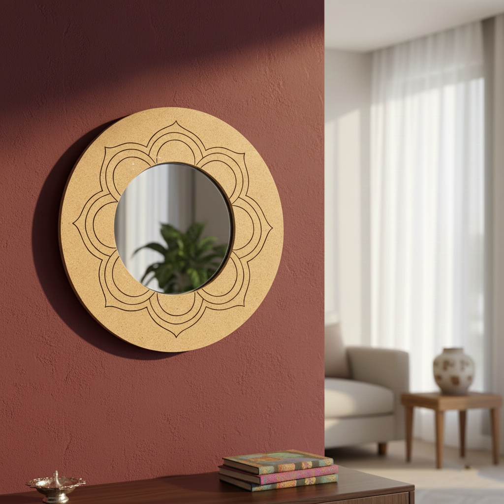 MDF Lotus Outline Round Wall Mirror for Home Decor