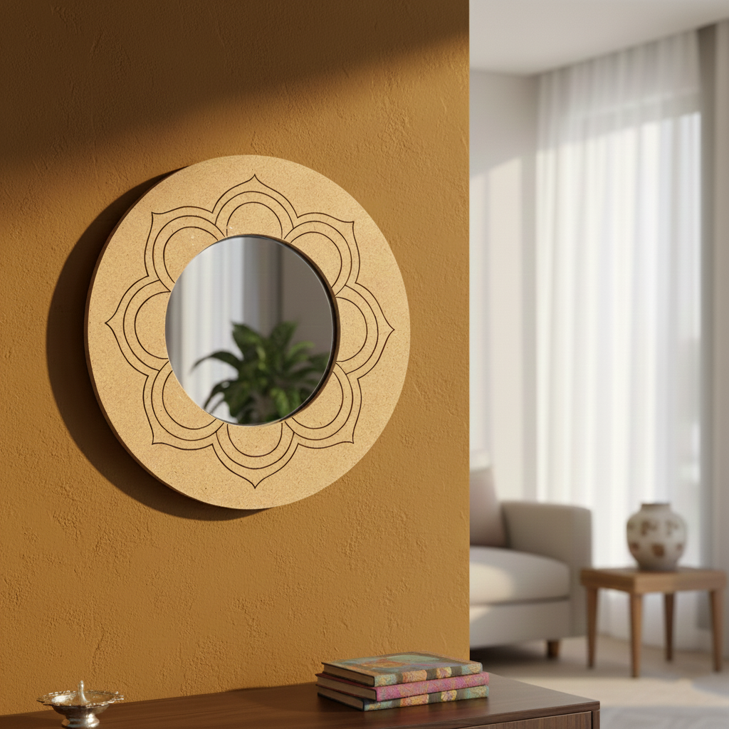 MDF Lotus Outline Round Wall Mirror for Home Decor