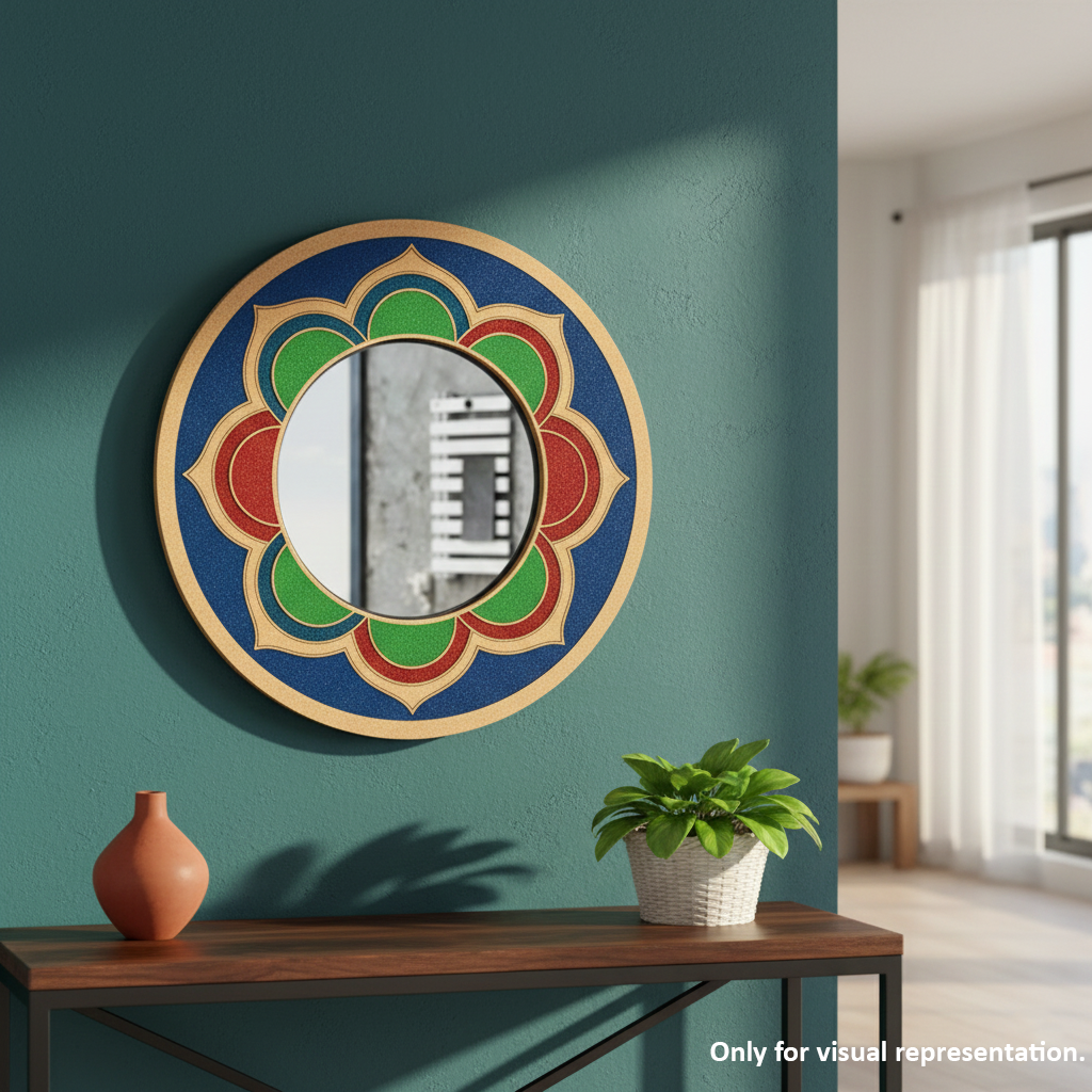 MDF Lotus Outline Round Wall Mirror for Home Decor