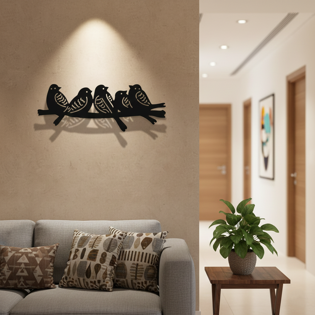 Birds on branch MDF wall decor featuring multiple bird silhouettes mounted above a sofa in a modern living room.