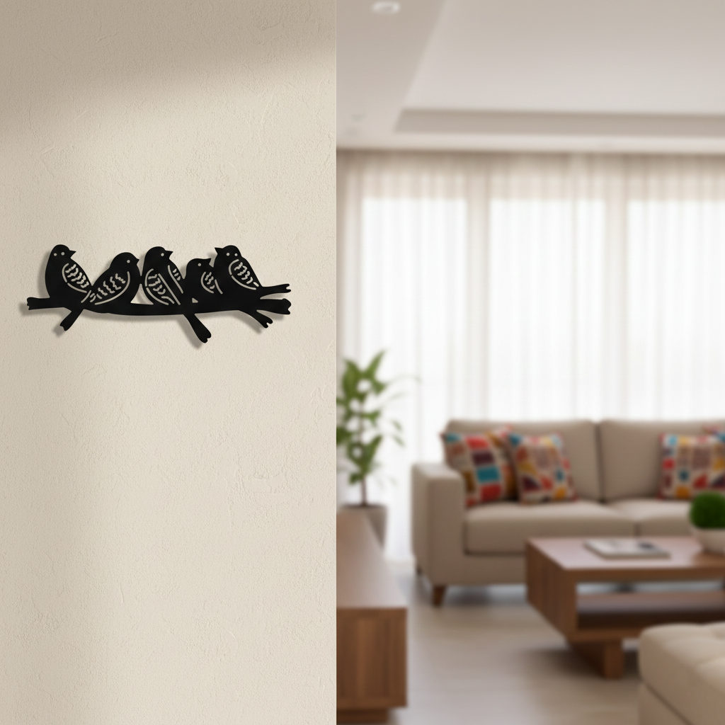 Birds on branch MDF wall decor featuring multiple bird silhouettes mounted  in a modern living room.