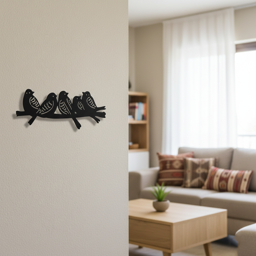 Birds on branch MDF wall decor featuring multiple bird silhouettes mounted in a modern living room.