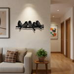 Birds on branch MDF wall decor featuring multiple bird silhouettes mounted above a sofa in a modern living room.