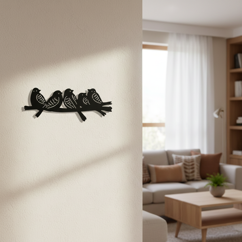 Birds on branch MDF wall decor featuring multiple bird silhouettes mounted in a modern living room.