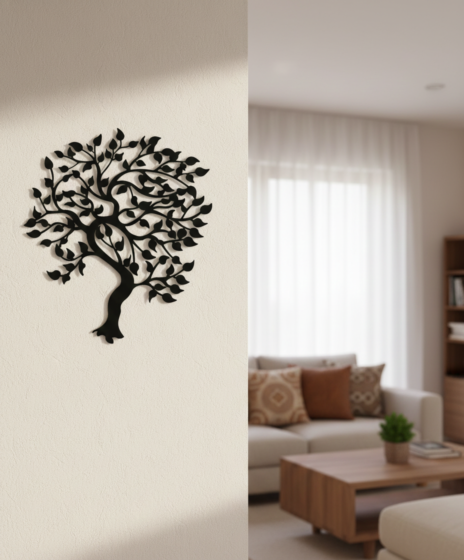 Tree of life MDF wall decor featuring a detailed tree silhouette mounted on a light wall in a modern living room.