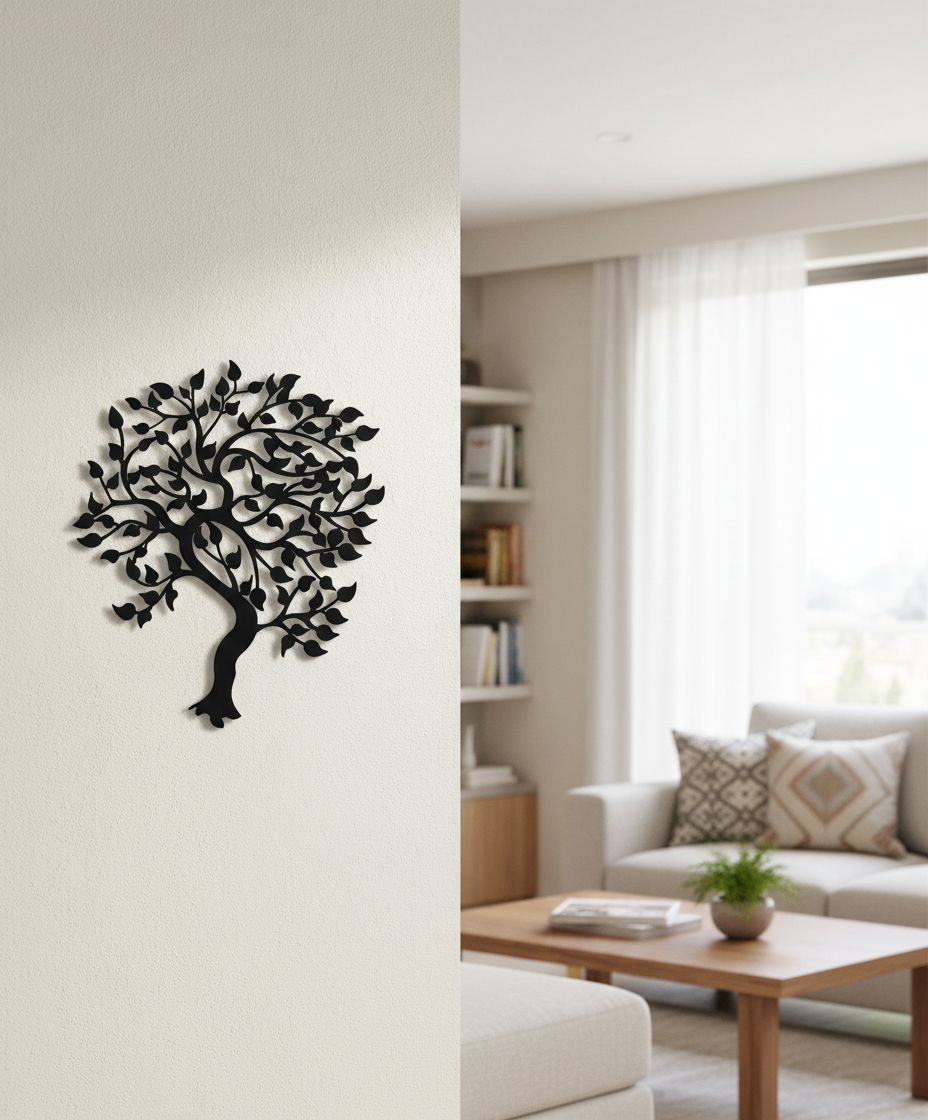 Tree of life MDF wall decor featuring a detailed tree silhouette mounted on a light wall in a modern living room.