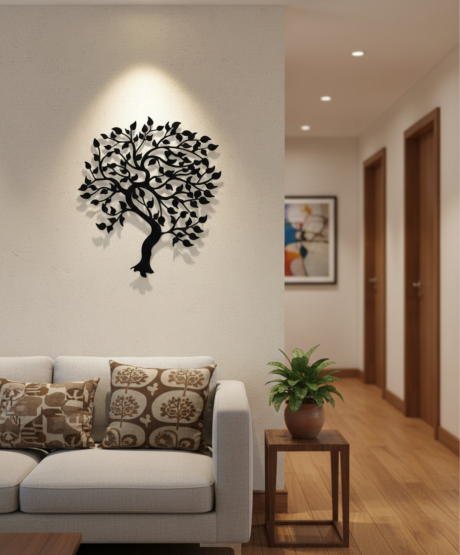 Tree of life MDF wall decor featuring a detailed tree silhouette mounted on a light wall in a modern living room.