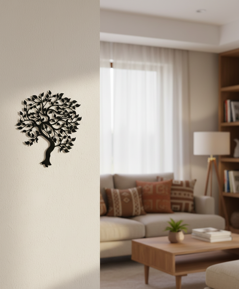 Tree of life MDF wall decor featuring a detailed tree silhouette mounted on a light wall in a modern living room.