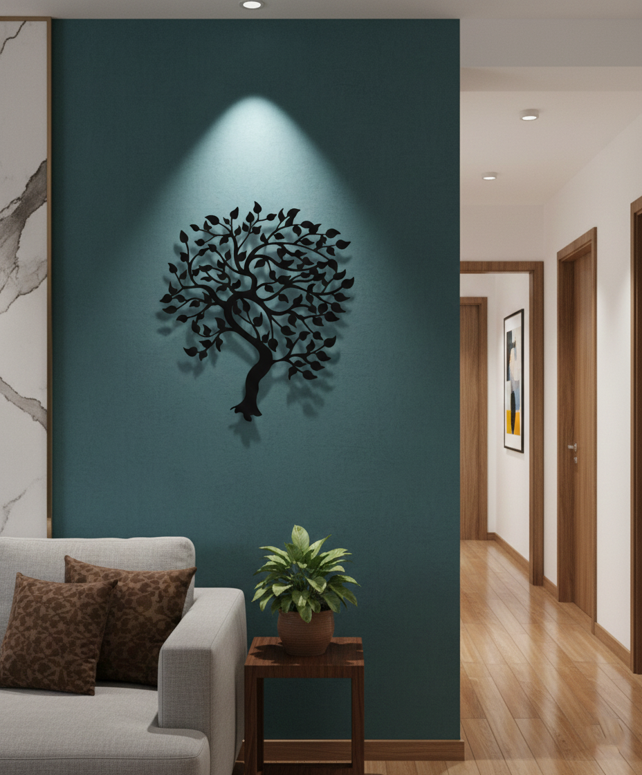 Tree of life MDF wall decor featuring a detailed tree silhouette mounted on a light wall in a modern living room.