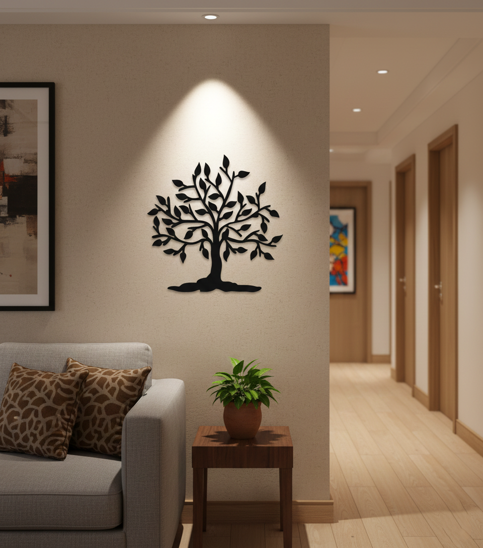 Tree MDF wall decor featuring a detailed tree silhouette mounted on a modern living room wall.