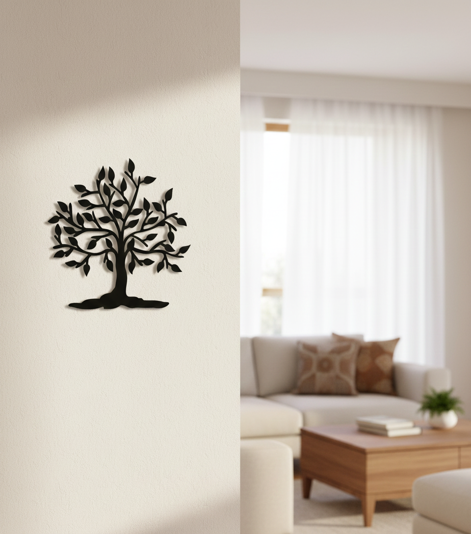 Tree MDF wall decor featuring a detailed tree silhouette mounted on a modern living room wall.