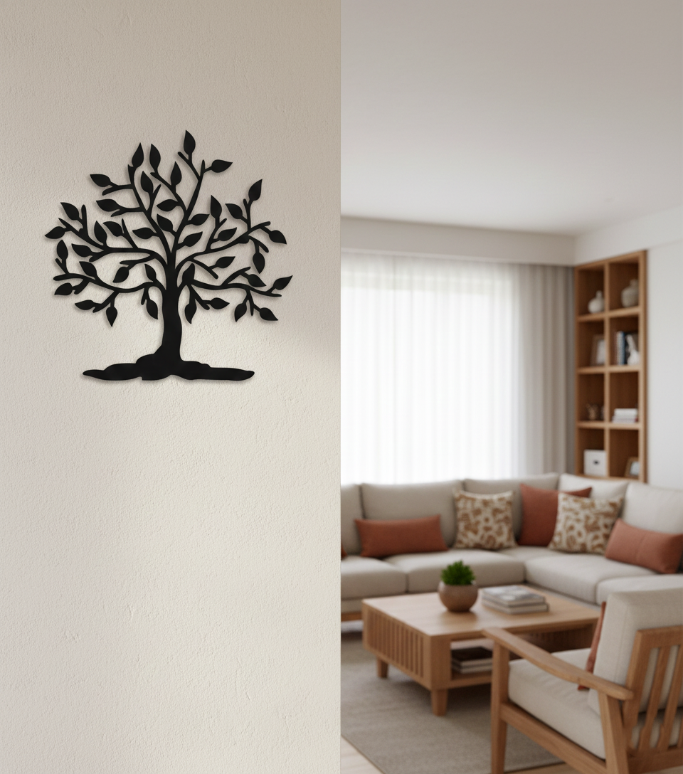 Tree MDF wall decor featuring a detailed tree silhouette mounted on a modern living room wall.
