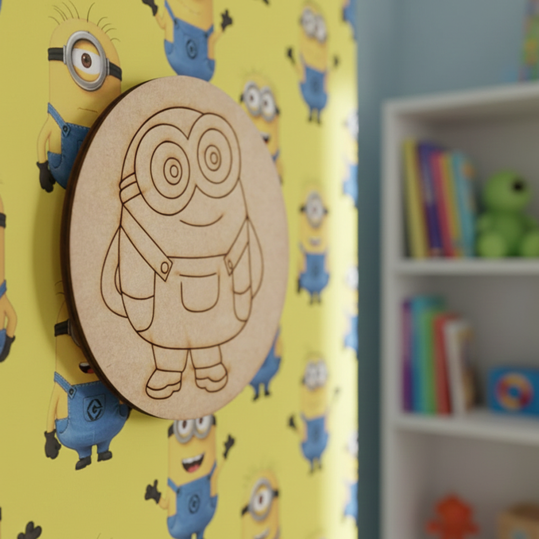 Round MDF pre-marked base with Minion-inspired cartoon character painted in yellow and blue for kids craft.