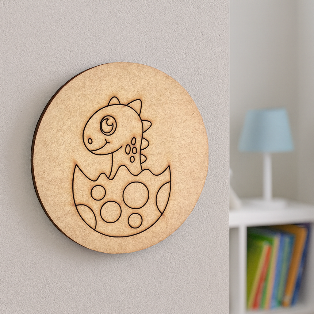 DIY dinosaur in egg pre-marked MDF base for kids’ painting and craft activities.