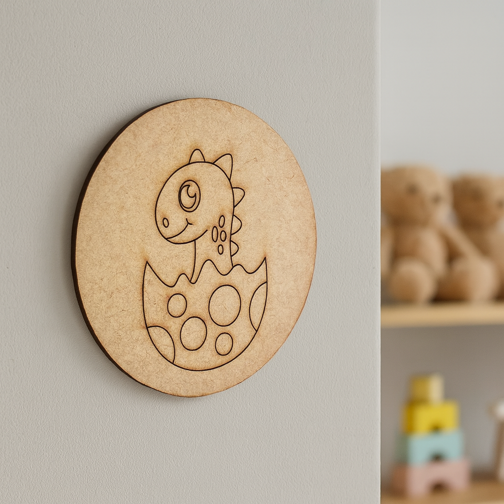 DIY dinosaur in egg pre-marked MDF base for kids’ painting and craft activities.