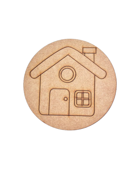Unpainted MDF round base with engraved house outline for DIY painting.