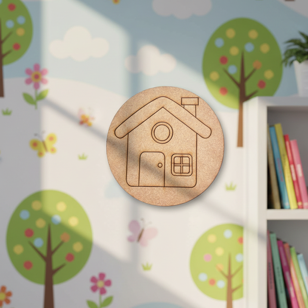 Unpainted MDF round base with engraved house outline for DIY painting.