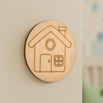 Unpainted MDF round base with engraved house outline for DIY painting.
