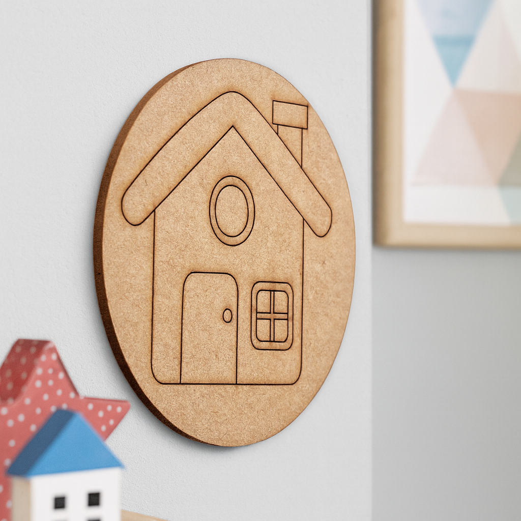Unpainted MDF round base with engraved house outline for DIY painting.