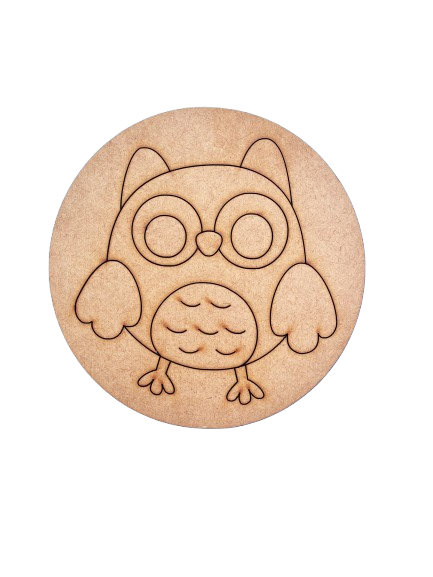 Unpainted pre-marked MDF owl base for children’s art and painting activity.