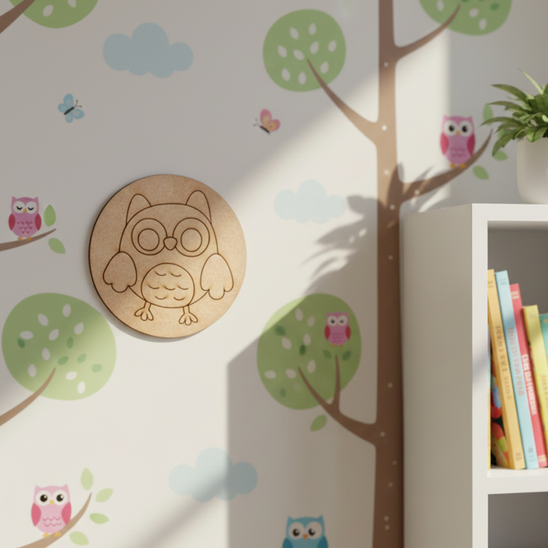 Unpainted pre-marked MDF owl base for children’s art and painting activity.